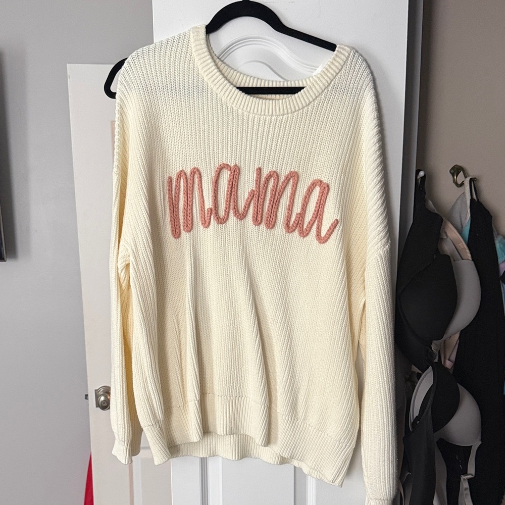 Women's Cream 'Mama' Embroidered Crewneck Sweater